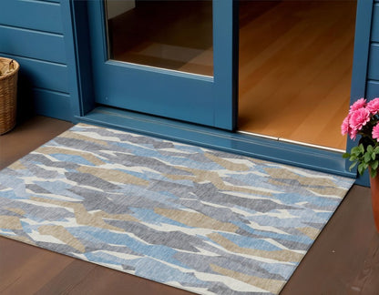 3' X 5' Denim Blue Khaki And Ivory Striped Washable Indoor Outdoor Area Rug HomeRoots