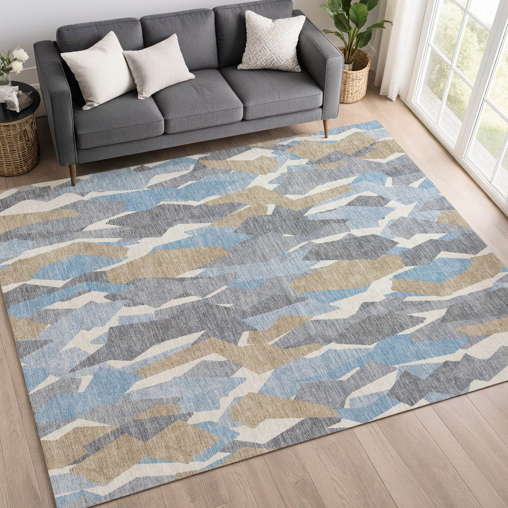 3' X 5' Denim Blue Khaki And Ivory Striped Washable Indoor Outdoor Area Rug — view 9
