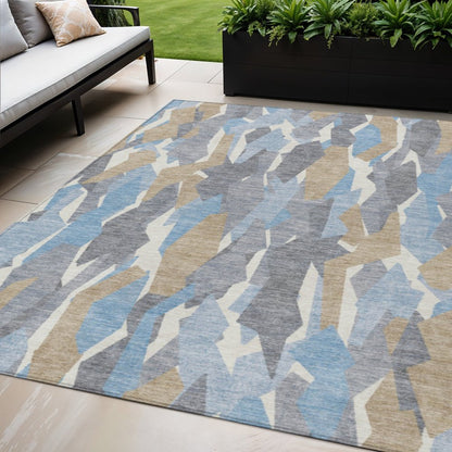3' X 5' Denim Blue Khaki And Ivory Striped Washable Indoor Outdoor Area Rug HomeRoots