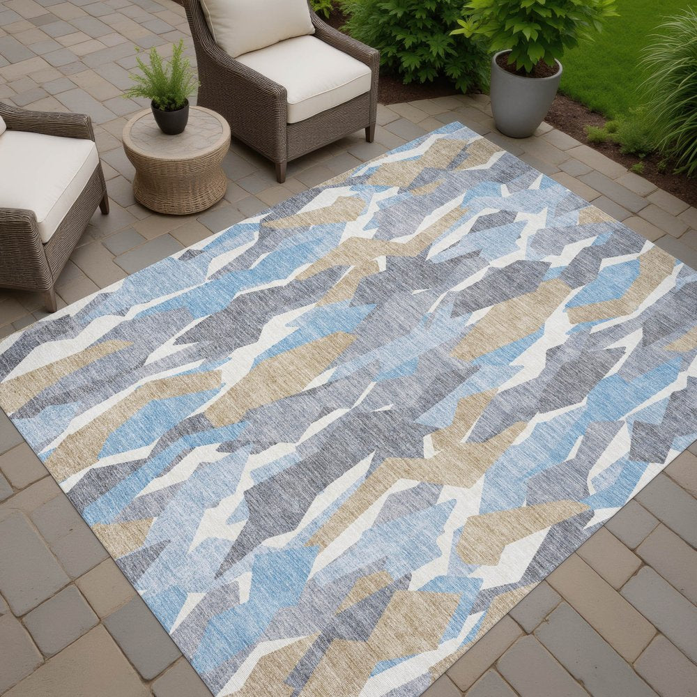 3' X 5' Denim Blue Khaki And Ivory Striped Washable Indoor Outdoor Area Rug HomeRoots
