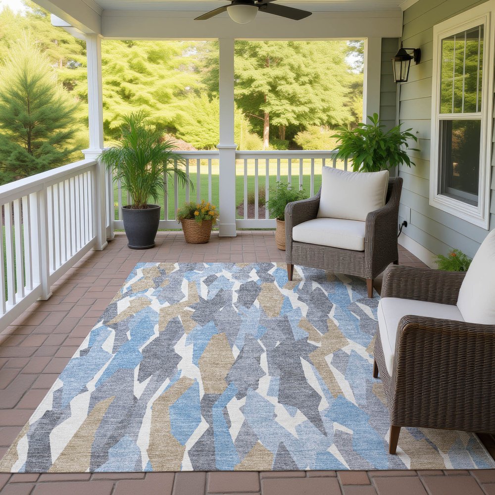 3' X 5' Denim Blue Khaki And Ivory Striped Washable Indoor Outdoor Area Rug HomeRoots