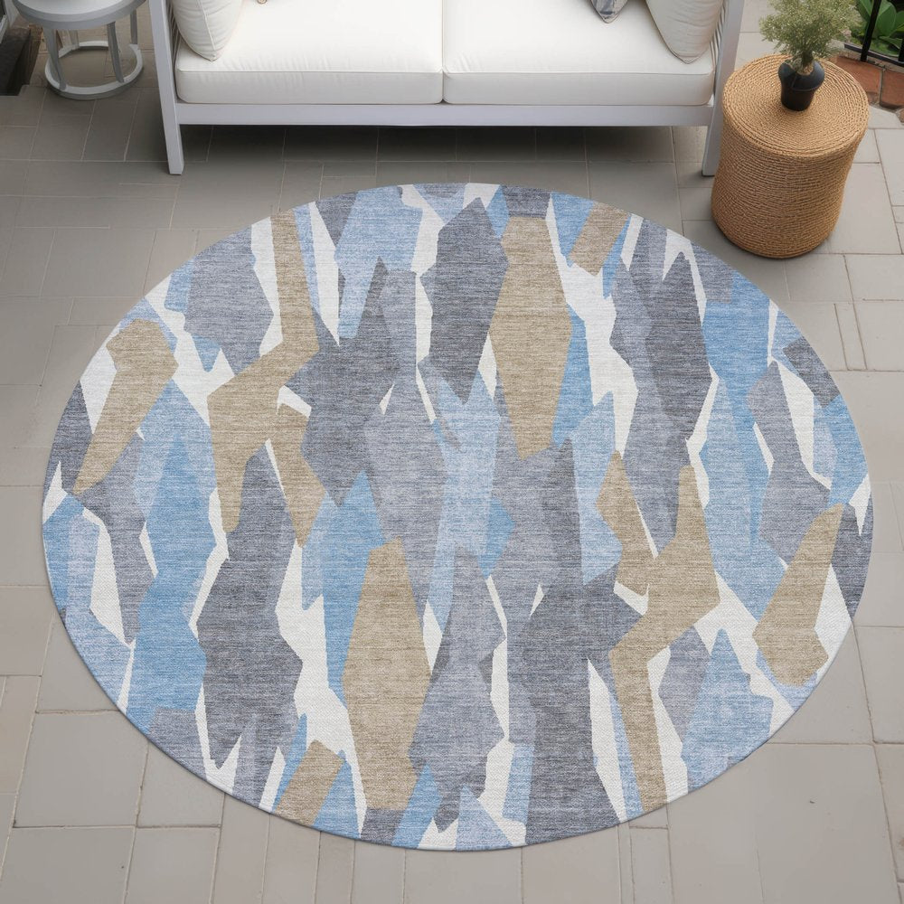 3' X 5' Denim Blue Khaki And Ivory Striped Washable Indoor Outdoor Area Rug HomeRoots