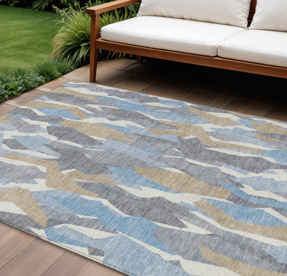 3' X 5' Denim Blue Khaki And Ivory Striped Washable Indoor Outdoor Area Rug HomeRoots