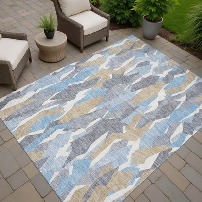 3' X 5' Denim Blue Khaki And Ivory Striped Washable Indoor Outdoor Area Rug HomeRoots