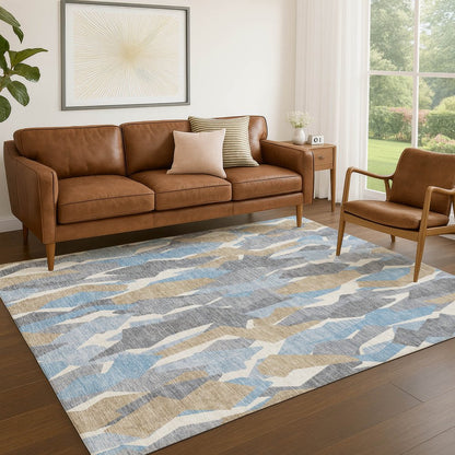 3' X 5' Denim Blue Khaki And Ivory Striped Washable Indoor Outdoor Area Rug HomeRoots