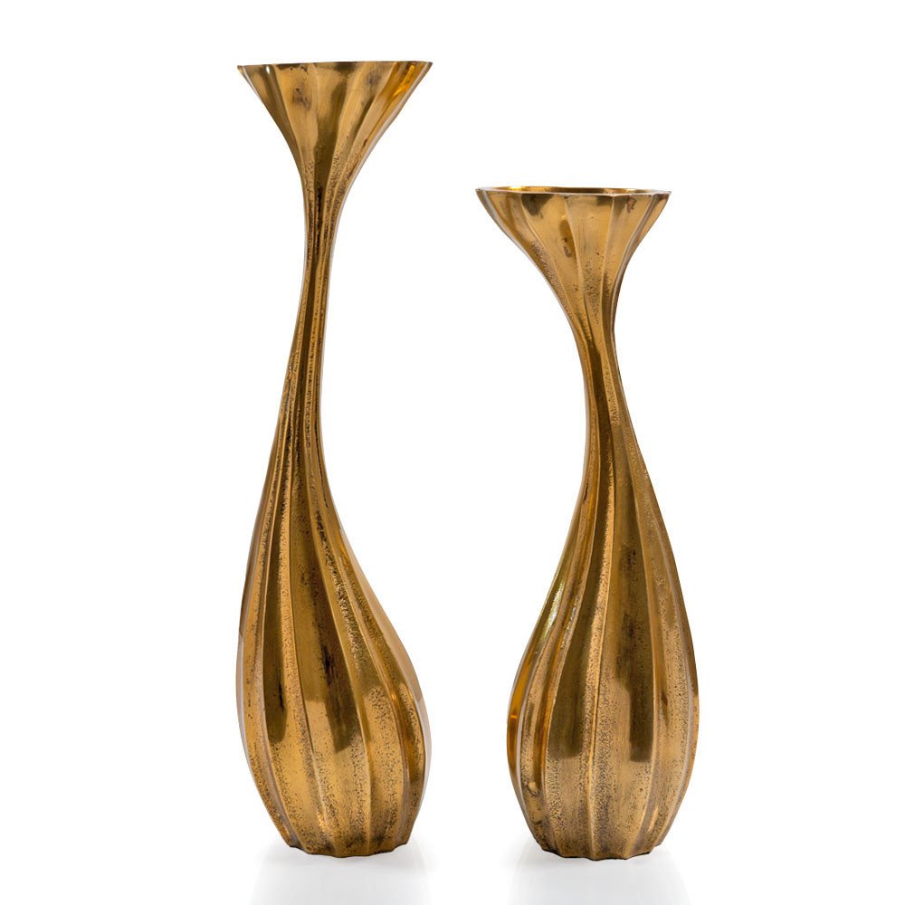 Set of Two Antiqued Gold Aluminum Wavy Faceted Tabletop Pillar Candle Holders HomeRoots