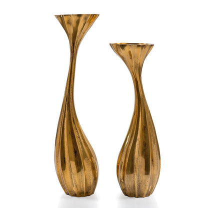 Set of Two Antiqued Gold Aluminum Wavy Faceted Tabletop Pillar Candle Holders HomeRoots