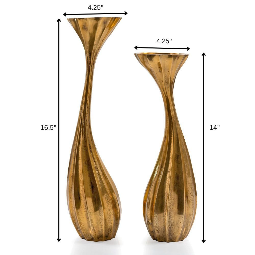 Set of Two Antiqued Gold Aluminum Wavy Faceted Tabletop Pillar Candle Holders HomeRoots
