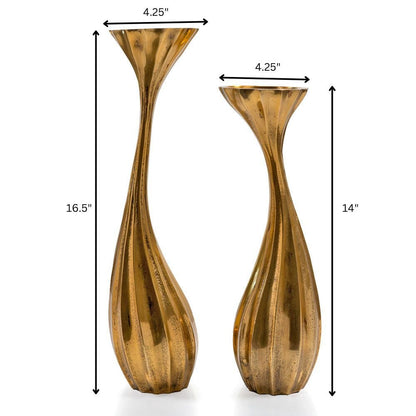Set of Two Antiqued Gold Aluminum Wavy Faceted Tabletop Pillar Candle Holders HomeRoots