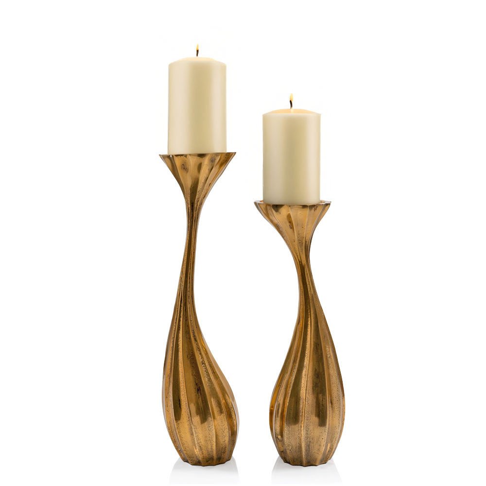 Set of Two Antiqued Gold Aluminum Wavy Faceted Tabletop Pillar Candle Holders HomeRoots