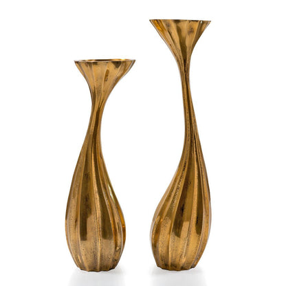 Set of Two Antiqued Gold Aluminum Wavy Faceted Tabletop Pillar Candle Holders HomeRoots