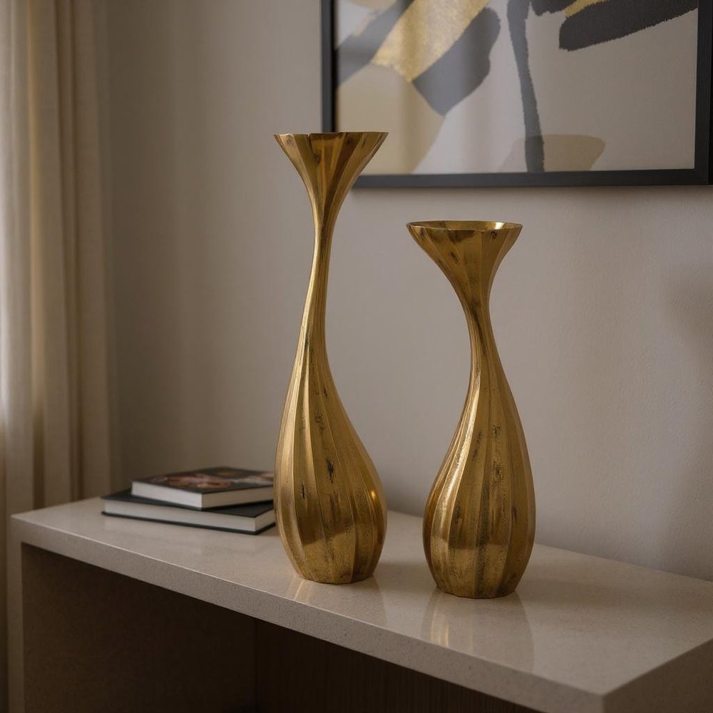 Set of Two Antiqued Gold Aluminum Wavy Faceted Tabletop Pillar Candle Holders HomeRoots