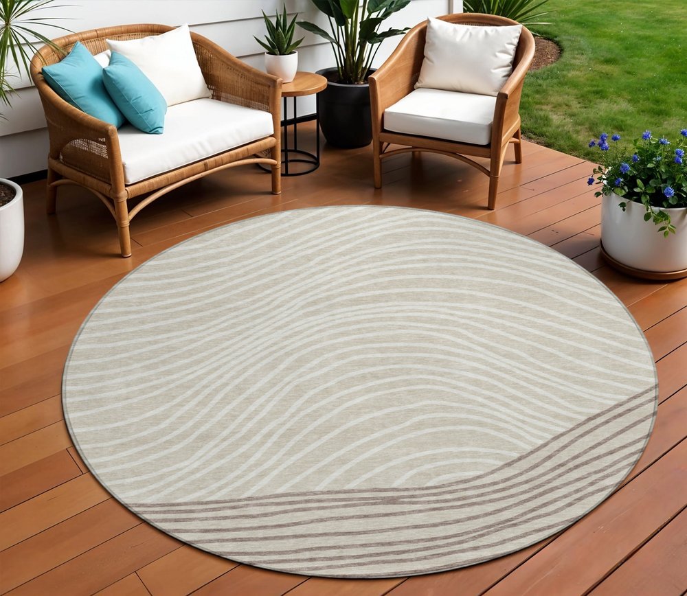 8' Beige Ivory And Brown Round Striped Washable Indoor Outdoor Area Rug HomeRoots