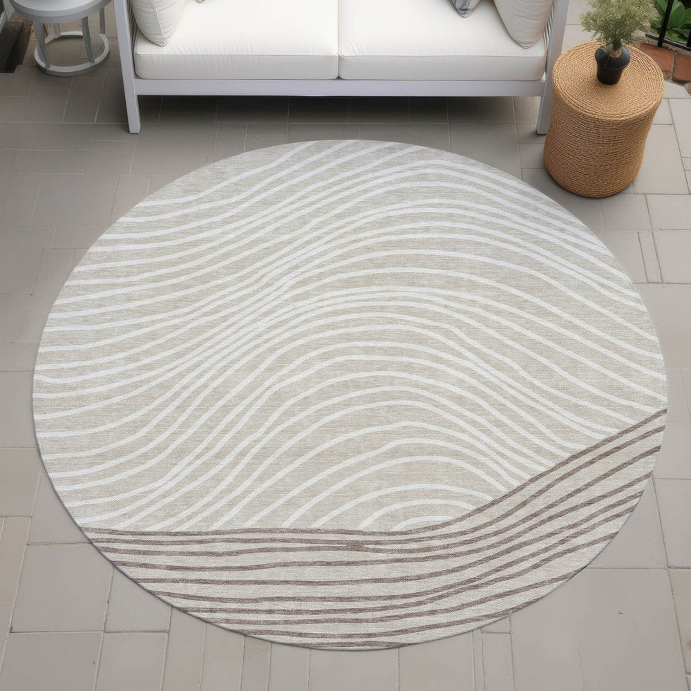 8' Beige Ivory And Brown Round Striped Washable Indoor Outdoor Area Rug — view 6
