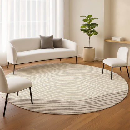 8' Beige Ivory And Brown Round Striped Washable Indoor Outdoor Area Rug HomeRoots