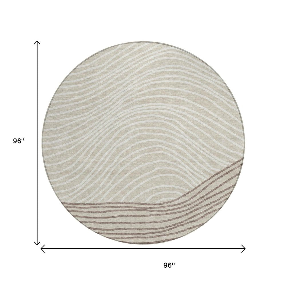 8' Beige Ivory And Brown Round Striped Washable Indoor Outdoor Area Rug — view 9