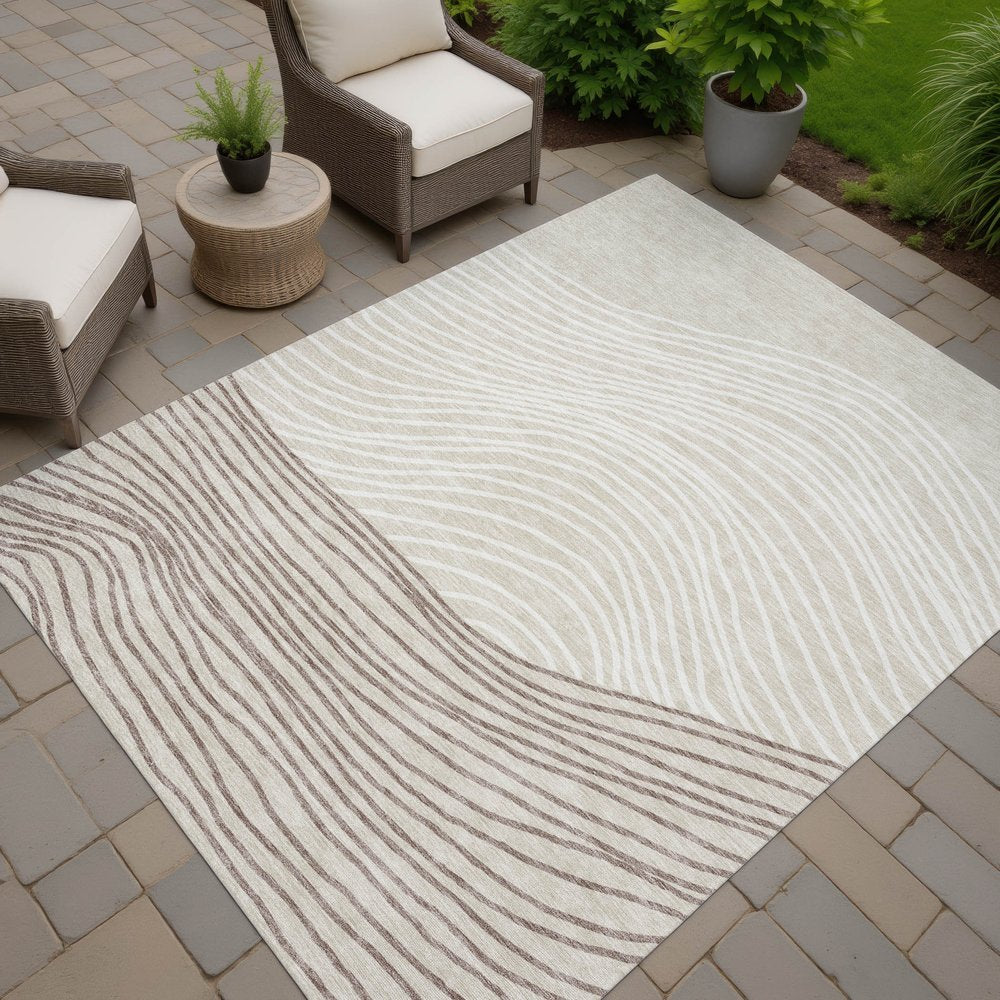 8' Beige Ivory And Brown Round Striped Washable Indoor Outdoor Area Rug HomeRoots