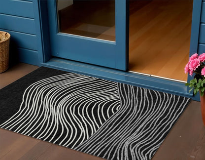 3' X 5' Black Ivory And Gray Striped Washable Indoor Outdoor Area Rug HomeRoots
