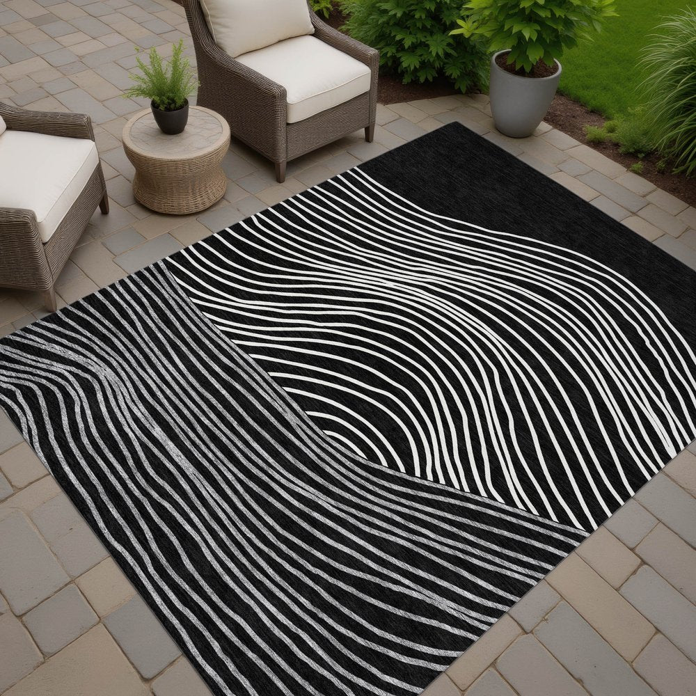 3' X 5' Black Ivory And Gray Striped Washable Indoor Outdoor Area Rug HomeRoots