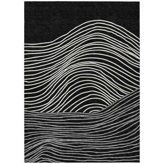 3' X 5' Black Ivory And Gray Striped Washable Indoor Outdoor Area Rug