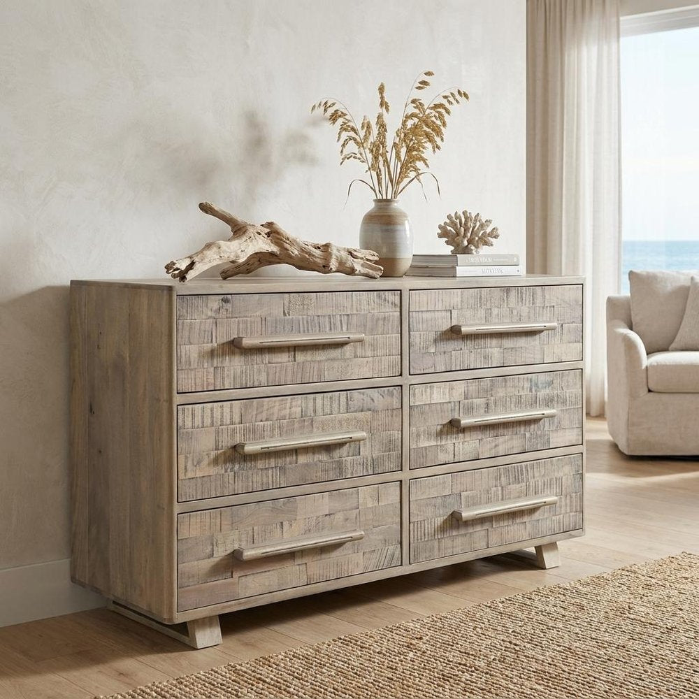 57" Gray Solid Wood Six Drawer Double Dresser