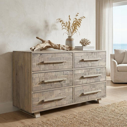 57" Gray Solid Wood Six Drawer Double Dresser