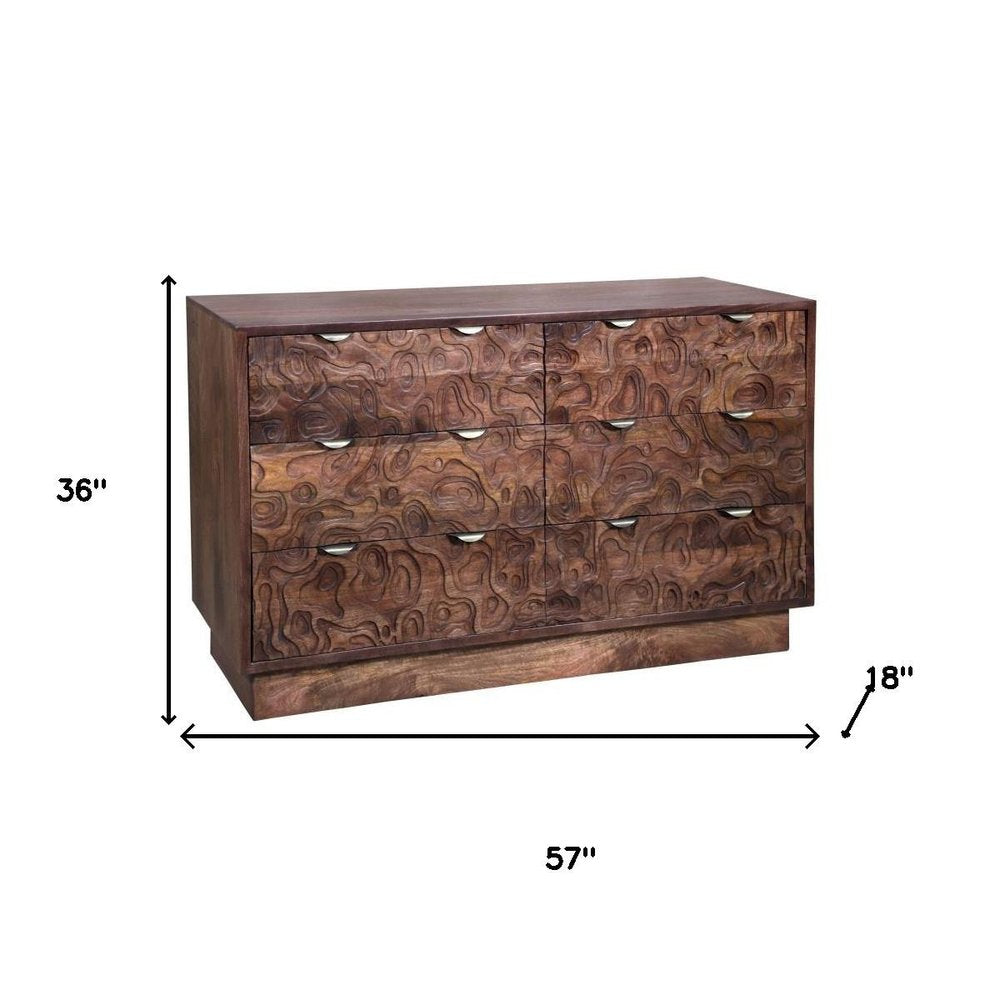 57" Brown Carved Abstract Solid Wood Six Drawer Dresser HomeRoots