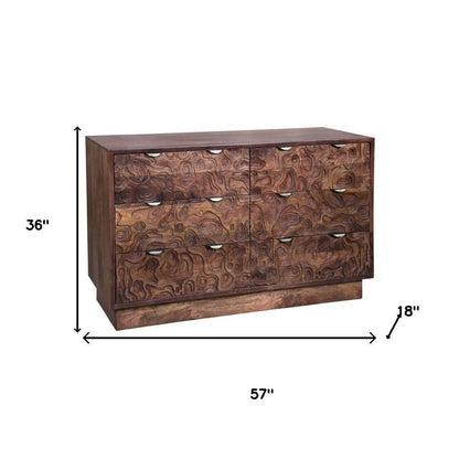 57" Brown Carved Abstract Solid Wood Six Drawer Dresser HomeRoots