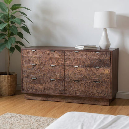 57" Brown Carved Abstract Solid Wood Six Drawer Dresser HomeRoots