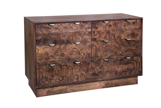 57" Brown Carved Abstract Solid Wood Six Drawer Dresser HomeRoots