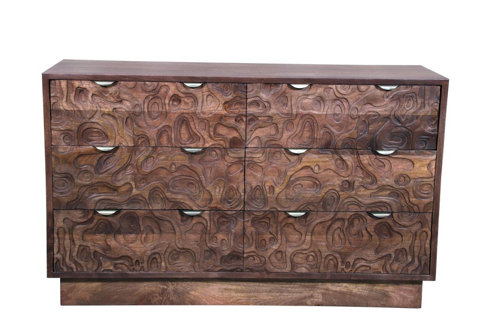 57" Brown Carved Abstract Solid Wood Six Drawer Dresser HomeRoots