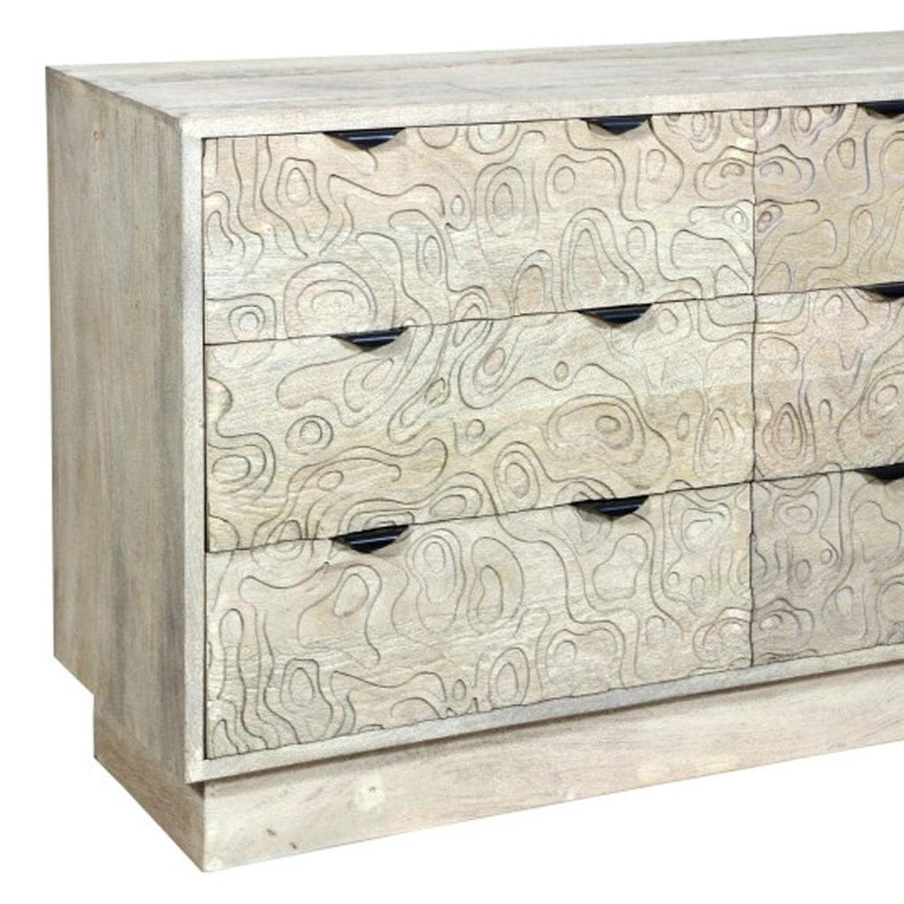 57" Gray Carved Geometric Solid Wood Six Drawer Dresser HomeRoots