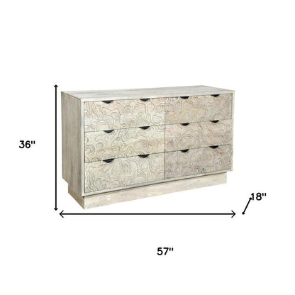 57" Gray Carved Geometric Solid Wood Six Drawer Dresser HomeRoots