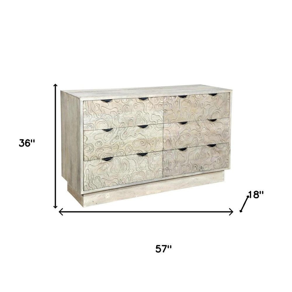57" Gray Carved Abstract Solid Wood Six Drawer Double Dresser