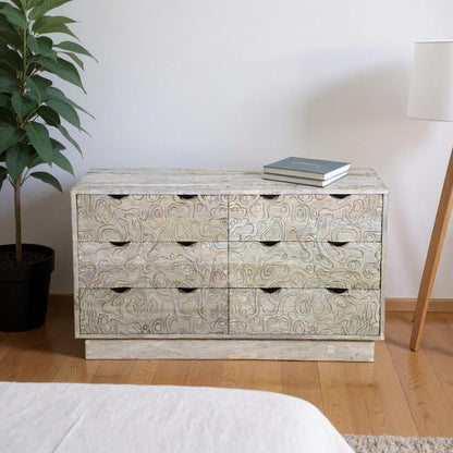 57" Gray Carved Geometric Solid Wood Six Drawer Dresser HomeRoots