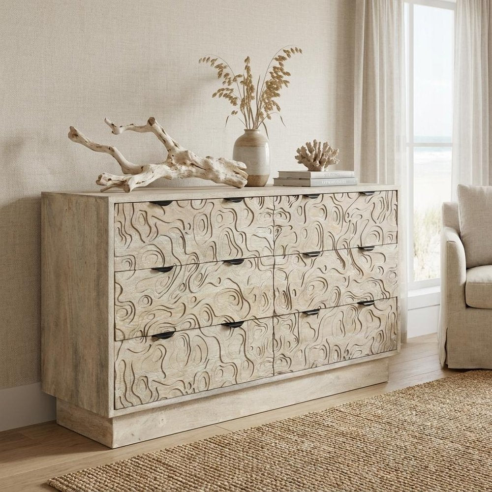 57" Gray Carved Abstract Solid Wood Six Drawer Double Dresser — view 13