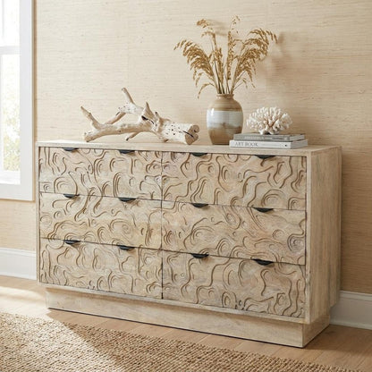 57" Gray Carved Abstract Solid Wood Six Drawer Double Dresser