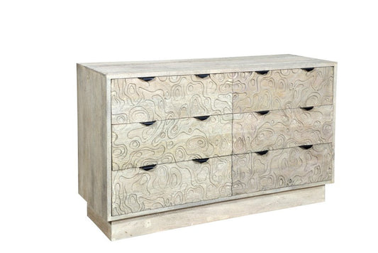 57" Gray Carved Abstract Solid Wood Six Drawer Double Dresser