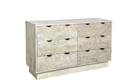 57" Gray Carved Abstract Solid Wood Six Drawer Double Dresser