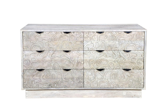 57" Gray Carved Abstract Solid Wood Six Drawer Double Dresser