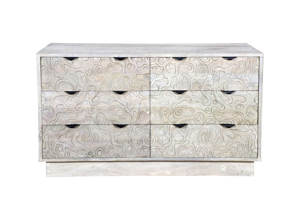 57" Gray Carved Geometric Solid Wood Six Drawer Dresser HomeRoots