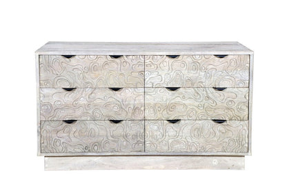 57" Gray Carved Geometric Solid Wood Six Drawer Dresser HomeRoots