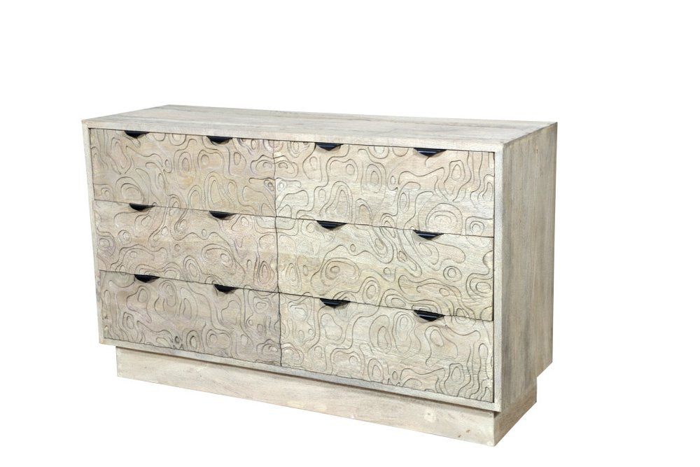 57" Gray Carved Geometric Solid Wood Six Drawer Dresser HomeRoots