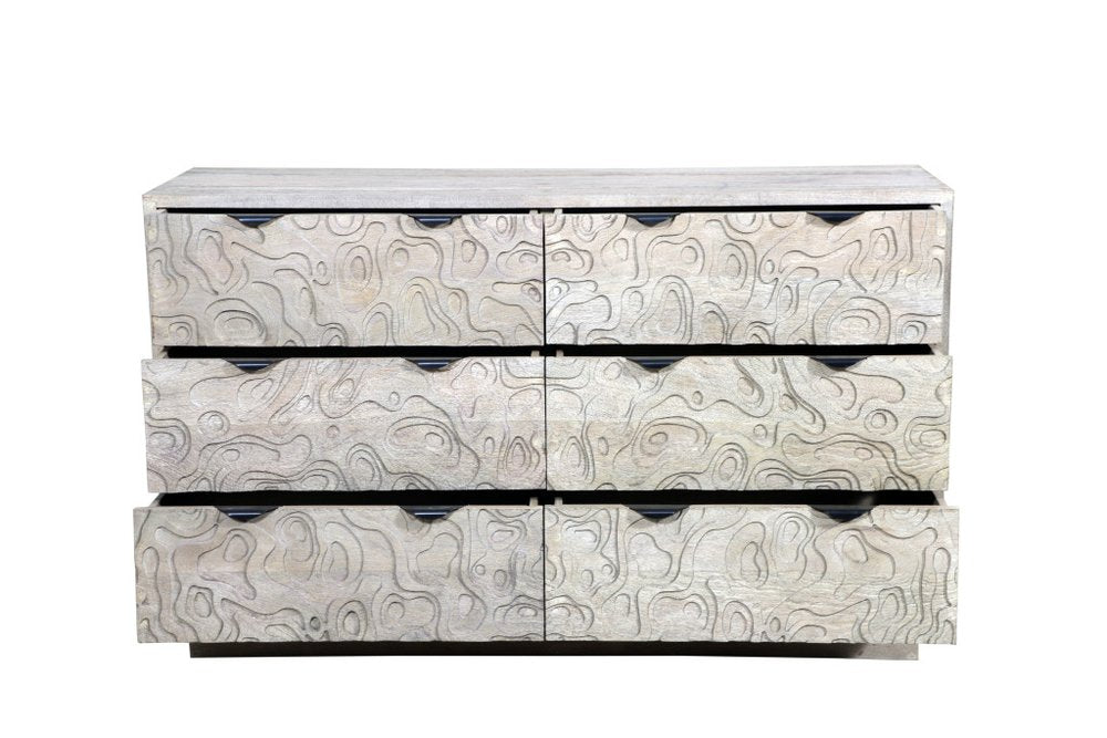 57" Gray Carved Geometric Solid Wood Six Drawer Dresser HomeRoots