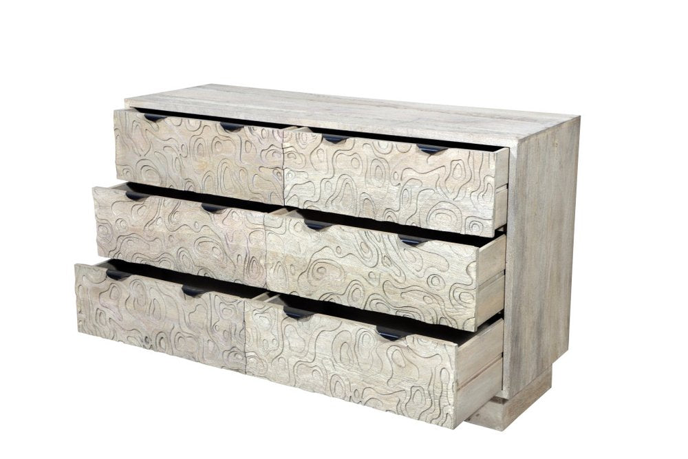 57" Gray Carved Geometric Solid Wood Six Drawer Dresser HomeRoots