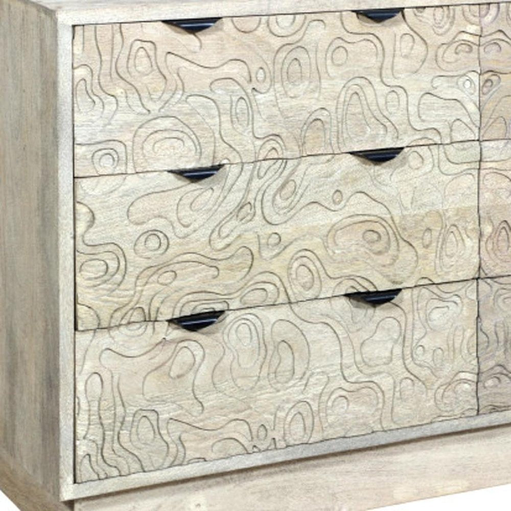 57" Gray Carved Geometric Solid Wood Six Drawer Dresser HomeRoots