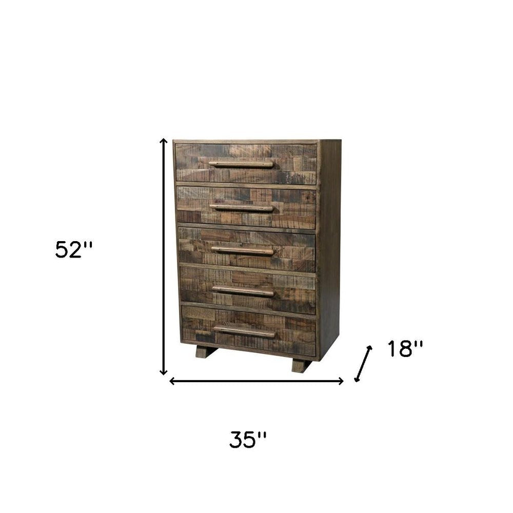 35" Brown Carved Geometric Solid Wood Five Drawer Dresser HomeRoots