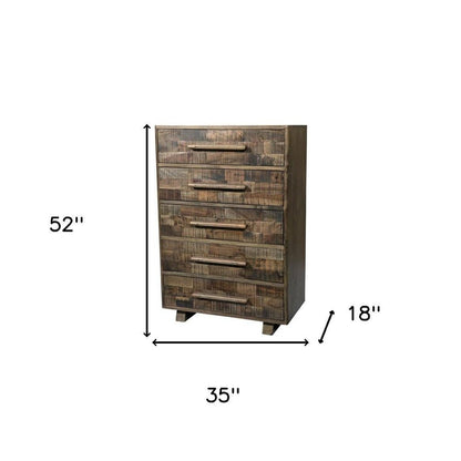 35" Brown Carved Geometric Solid Wood Five Drawer Dresser HomeRoots