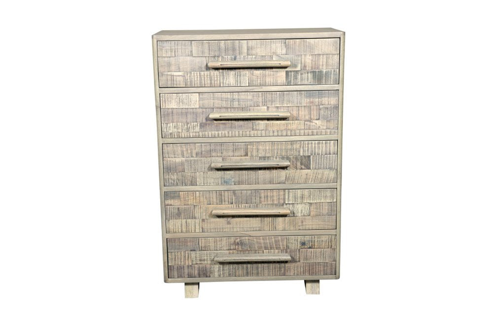 35" Gray Carved Geometric Solid Wood Five Drawer Dresser HomeRoots