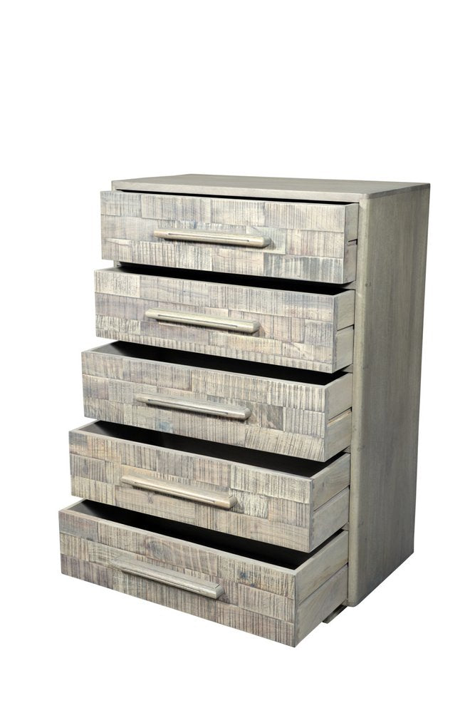 35" Gray Carved Geometric Solid Wood Five Drawer Dresser HomeRoots